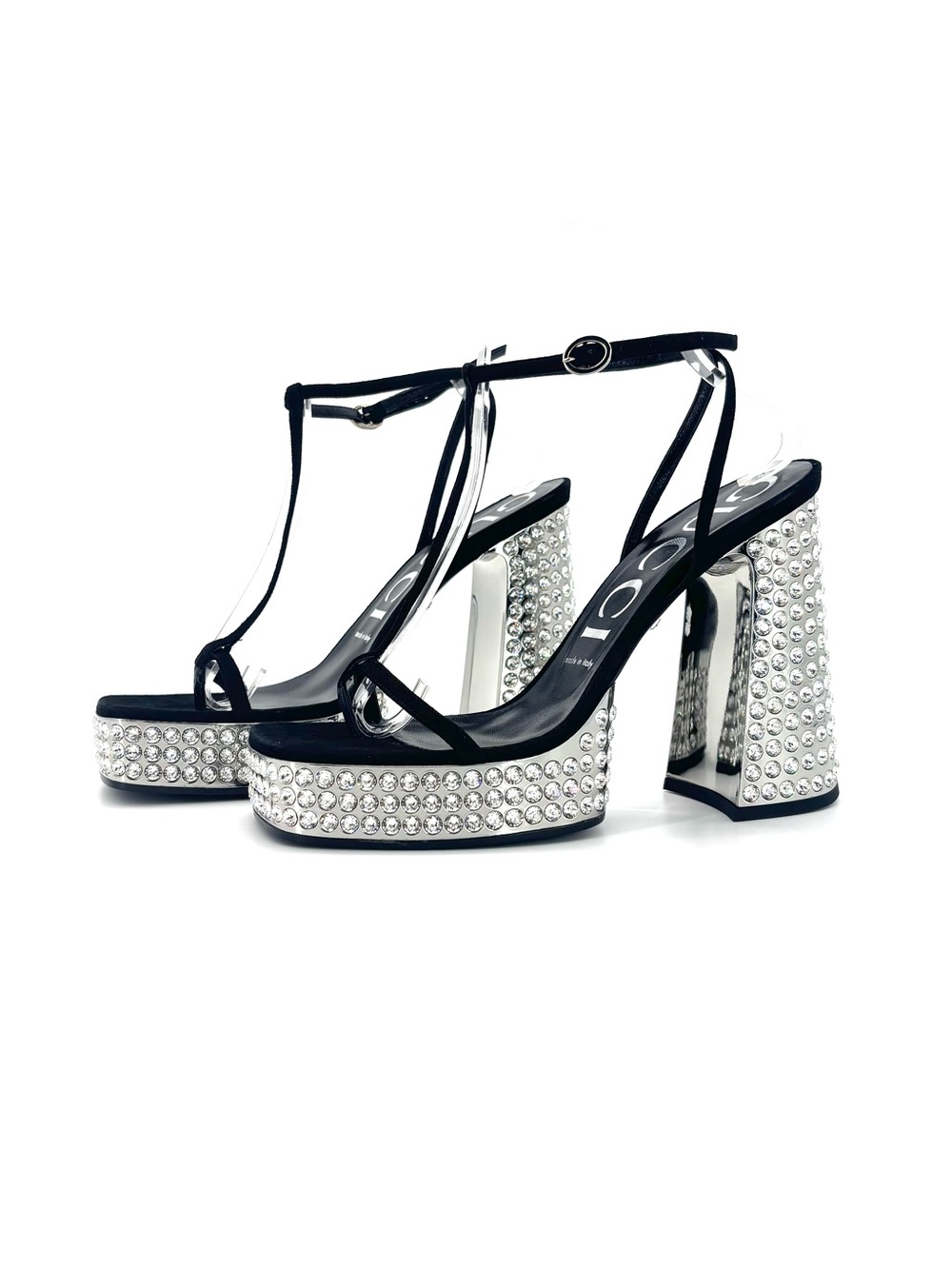 Gucci Rare Naimah Nero Crystal Embellished Platform Strappy Sandals 39